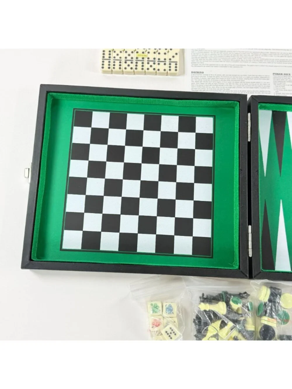 5 In 1 Compact Travel Game Set Chess Backgammon Checkers Domino Poker Dice W/ Ca